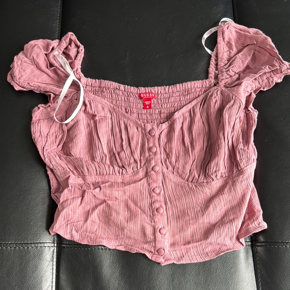 Guess Pink Puff Sleeve Ruched Crop Blouse